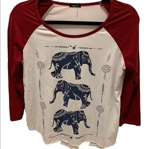 Rue21 Elephant ¾ Sleeve Top with Red Sleeves, Size M